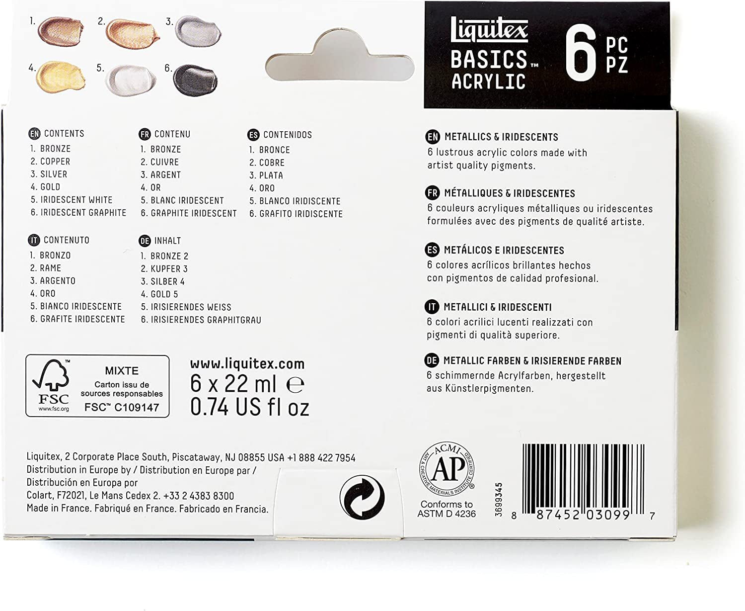 BASICS Acrylic Paint Set, 6 X 22Ml (0.74-Oz) Tube Paint Set, Metallic & Iridescent