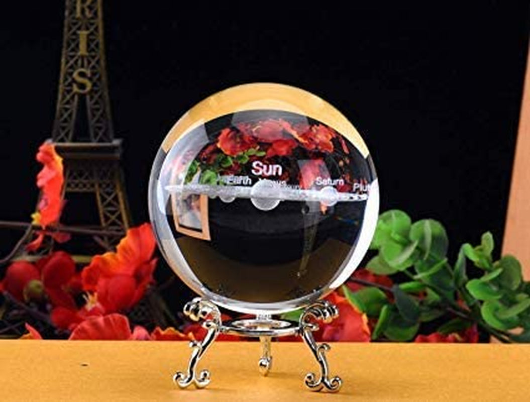 Crystal 2.4 Inch (60Mm) Solar System Crystal Ball with Sliver-Plated Flowering Stand,Fengshui Glass Ball Home Decoration