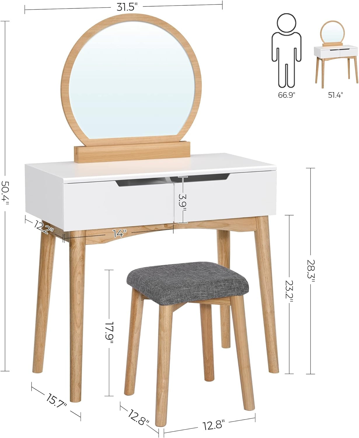 Vanity Table, Makeup Vanity Desk with Rounded Mirror, 2 Drawers, Vanity Set with Upholstered Stool, for Bathroom, Bedroom, Natural and White URDT11K