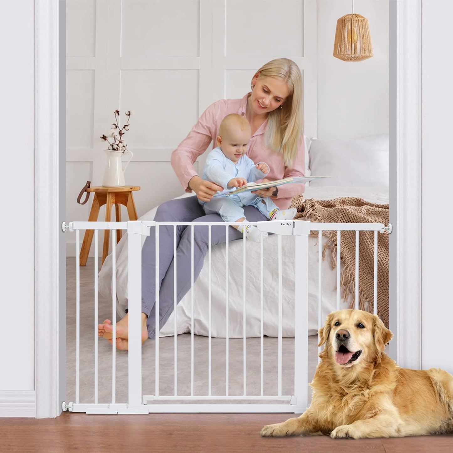 29.7"-51.5" Baby Gate Extra Wide, Safety Dog Gate for Stairs, Easy Walk Thru Auto Close Pet Gates for the House, Doorways, Child Gate Includes 4 Wall Cups,White, Mom'S Choice Awards Winner