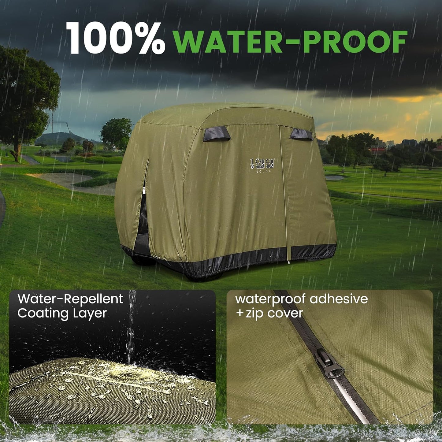 4 Passenger Golf Cart Cover Fits EZGO, Club Car, Yamaha, 400D Waterproof Windproof Sunproof Outdoor All-Weather Polyester Full Cover with Three Zipper Doors - Black/Army Green/Sliver/Camouflage