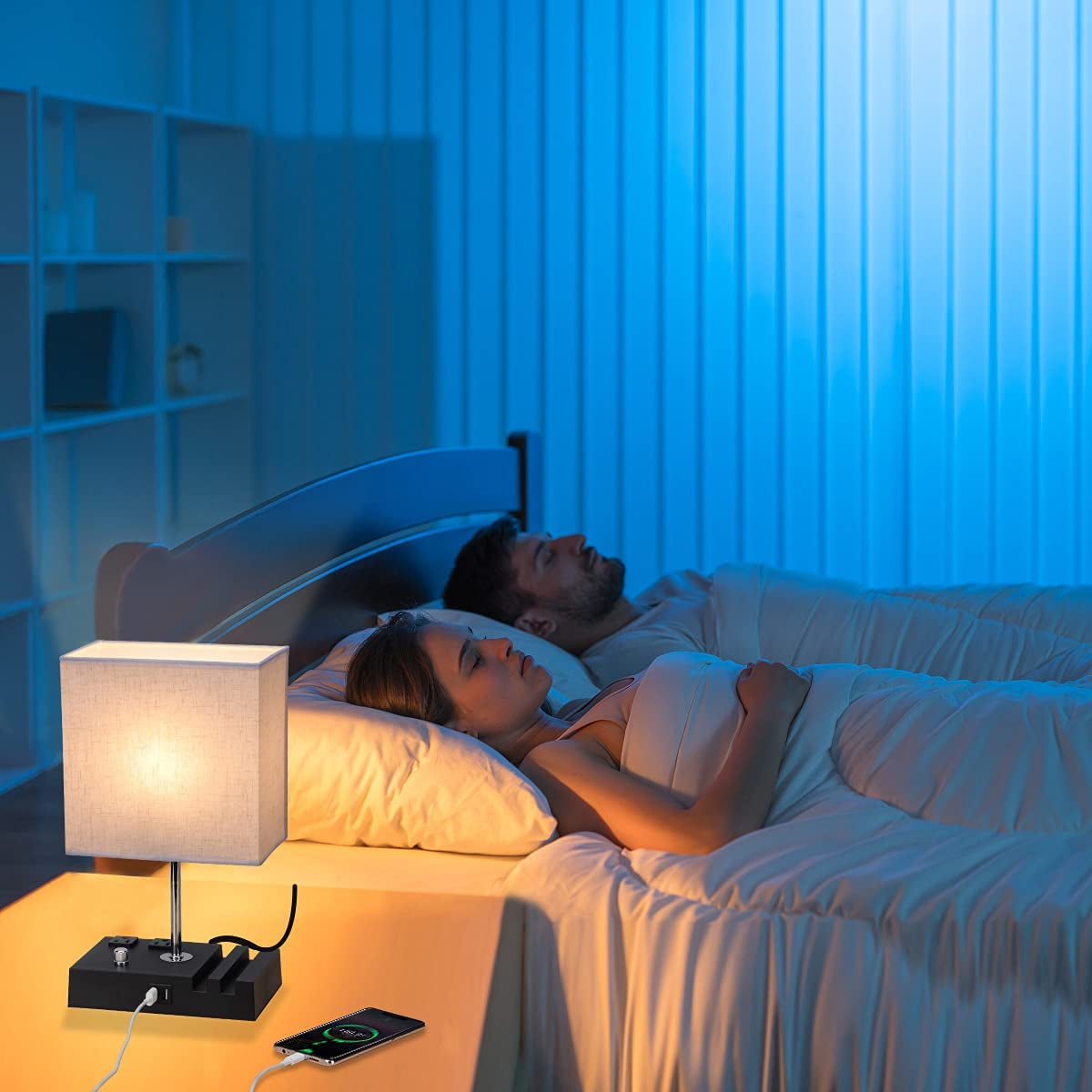 Fully Dimmable Table Lamp for Bedroom Living Room Dual USB Port Bedside Lamp for Nightstand Desk Lamps with Charging Station 2 Power Outlets, Fabric Lampshade LED Bulb Included (Black/Beige)