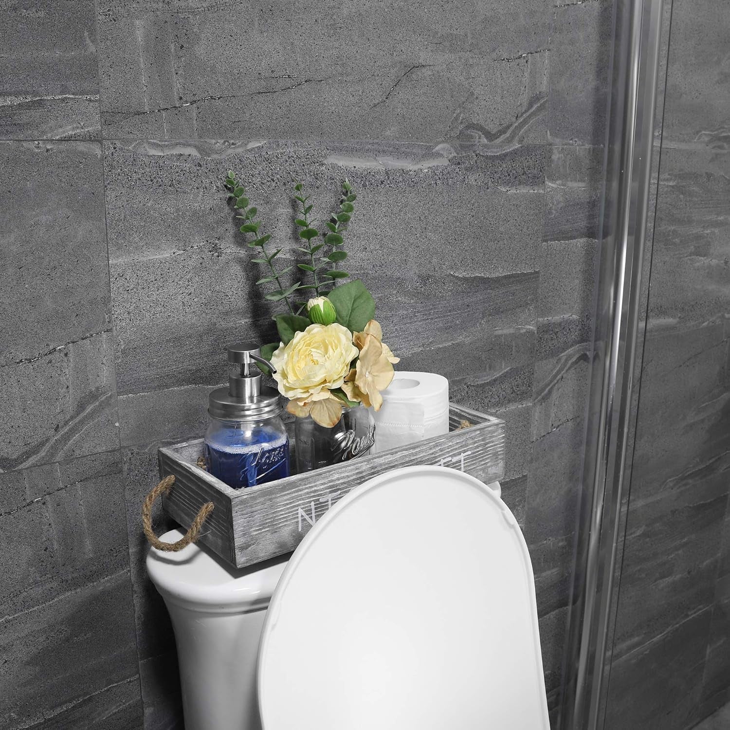 Wood Toilet Paper Holder, Farmhouse Nice Butt Bathroom Decor Box with 16Oz Mason Jar Soap Dispenser&Rose Flower,Funny Home Decor Crate for Bathroom,Kitchen,Table Counter, Medium Grey