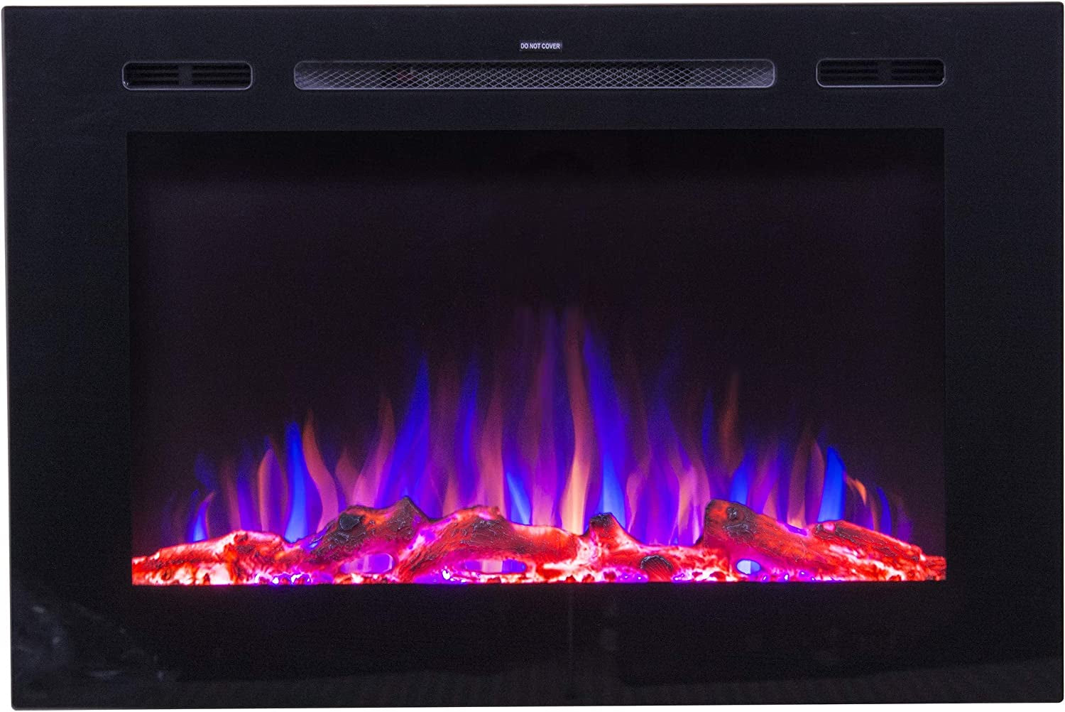 Smart Electric Fireplace-The Forte 40 Inch Recessed Mounted-30 Realistic Ember Color/Flame Options-1500W Heater W/Thermostat-Black-Log & Crystal Hearth Options-Alexa/Wifi Enabled