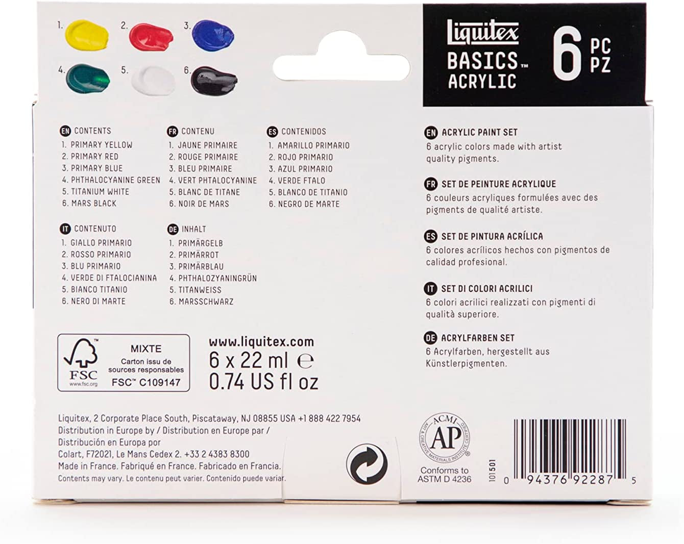BASICS Acrylic Paint Set, 6 X 22Ml Tube Paint Set, Primary, Blue,Color Mixing,Green,White, 0.7 Fl Oz (Pack of 6)