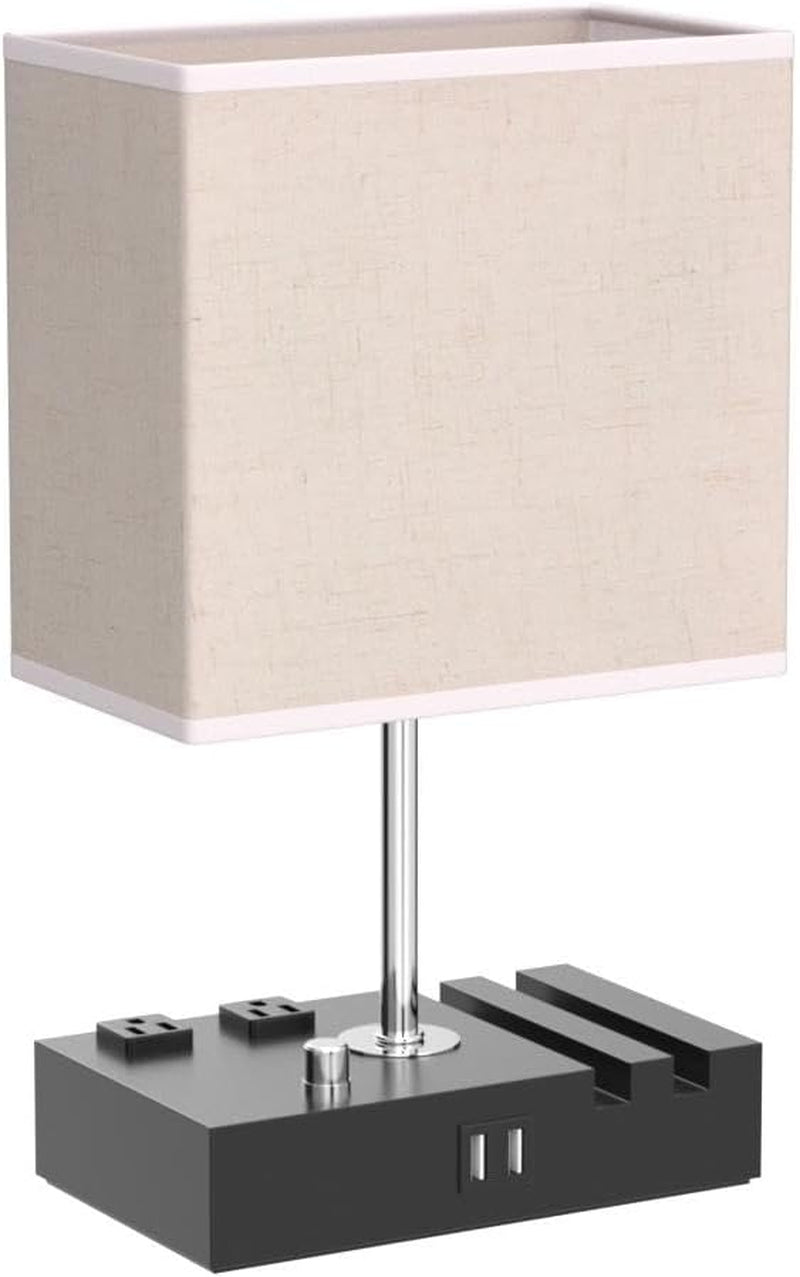Fully Dimmable Table Lamp for Bedroom Living Room Dual USB Port Bedside Lamp for Nightstand Desk Lamps with Charging Station 2 Power Outlets, Fabric Lampshade LED Bulb Included (Black/Beige)