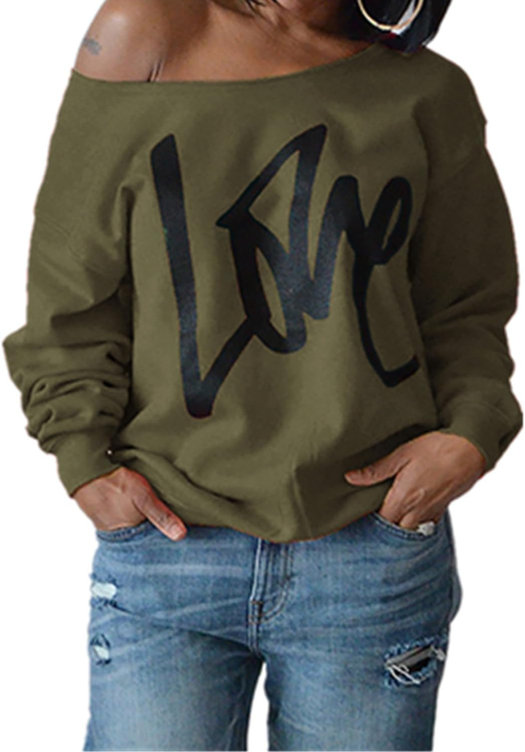 Womens Oversized Sweatshirt Love Letter Printed off Shoulder Sweatshirt Loose Slouchy Pullover Tops