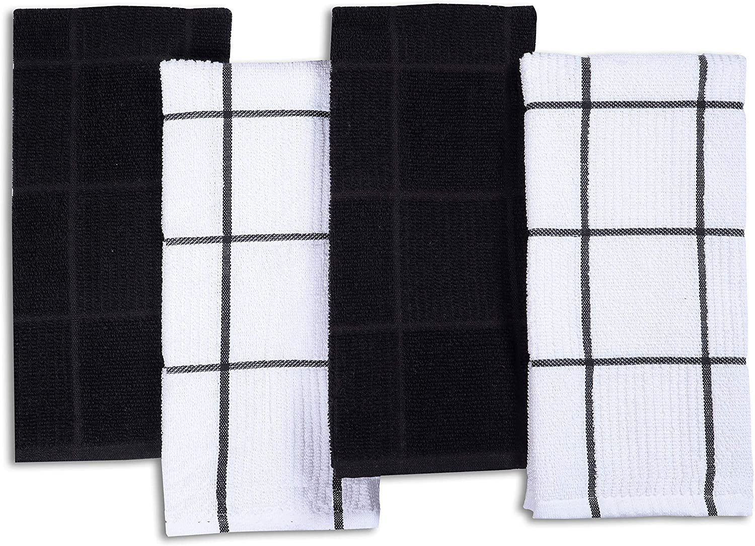 Terry Kitchen Towels Pack of 4 Fast Absorbing Quick Dry Super Soft Dish Towels with Hanging Loop for Cleaning and Drying Dish (16 X 26 Inches - Black)
