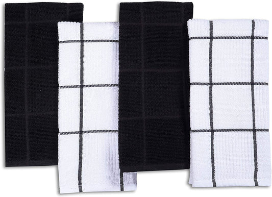 Terry Kitchen Towels Pack of 4 Fast Absorbing Quick Dry Super Soft Dish Towels with Hanging Loop for Cleaning and Drying Dish (16 X 26 Inches - Black)