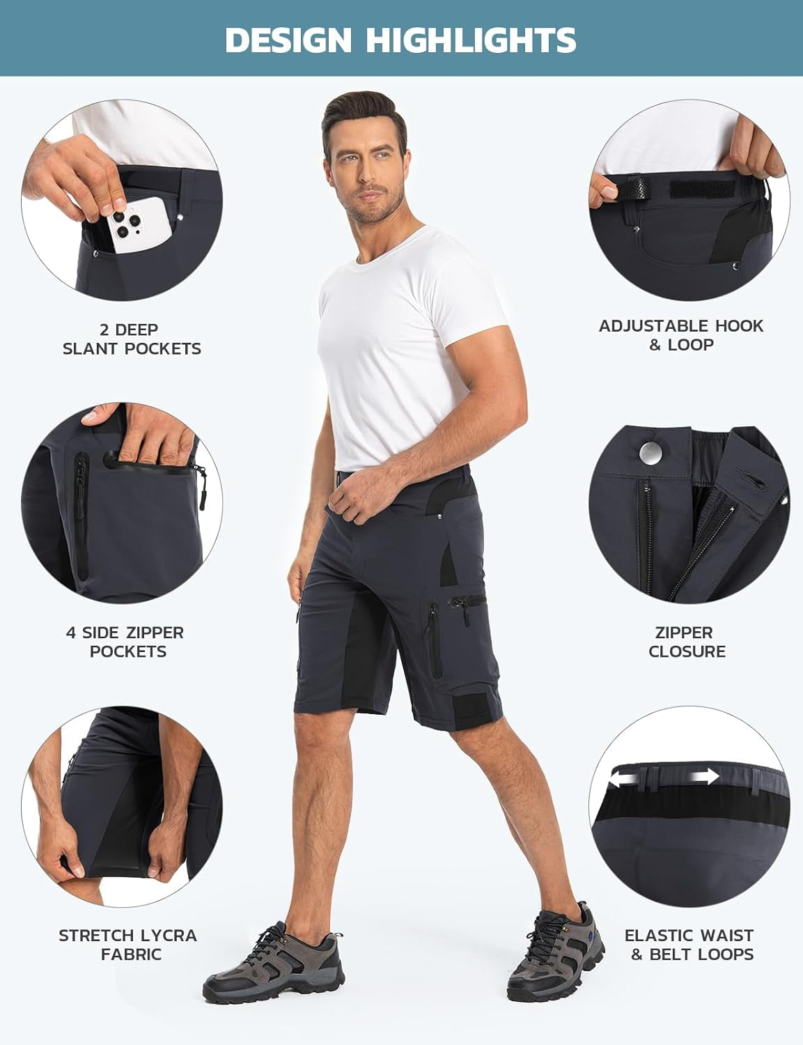 Men'S Hiking Cargo Shorts Lightweight Quick Dry Stretch MTB Shorts for Golf Fishing Tactical Outdoor Casual Shorts