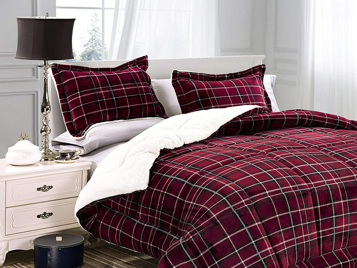 Softest, Coziest Heavy Weight Plaid Pattern Micromink Sherpa-Backing Premium Quality down down Alternative Micro-Suede 3-Piece Reversible Comforter Set, King/Cal King, Burgundy