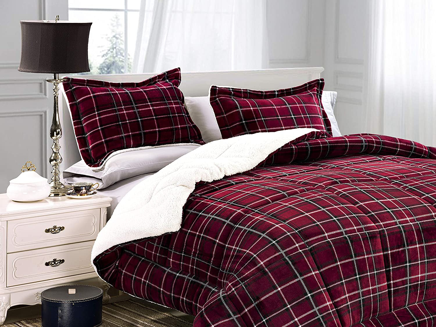 Softest, Coziest Heavy Weight Plaid Pattern Micromink Sherpa-Backing Premium Quality down down Alternative Micro-Suede 3-Piece Reversible Comforter Set, King/Cal King, Burgundy