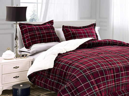 Softest, Coziest Heavy Weight Plaid Pattern Micromink Sherpa-Backing Premium Quality down down Alternative Micro-Suede 3-Piece Reversible Comforter Set, King/Cal King, Burgundy