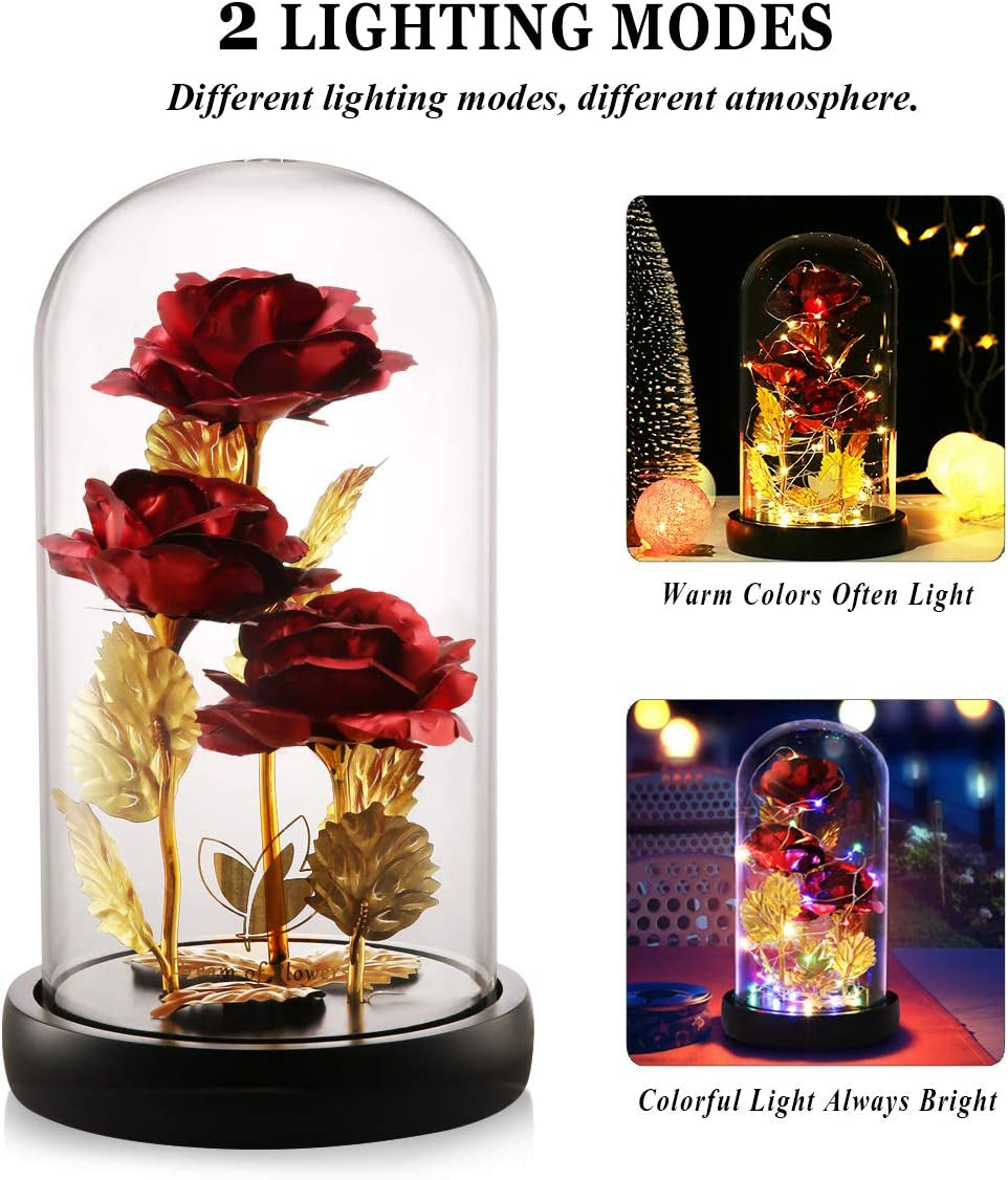 Valentines Day Gifts Beauty and the Beast Rose 24K Red Rose in Glass Dome, Light up Rose, Forever Artificial Flowers, Enchanted Red Rose Gift for Her on Valentines Day Wedding