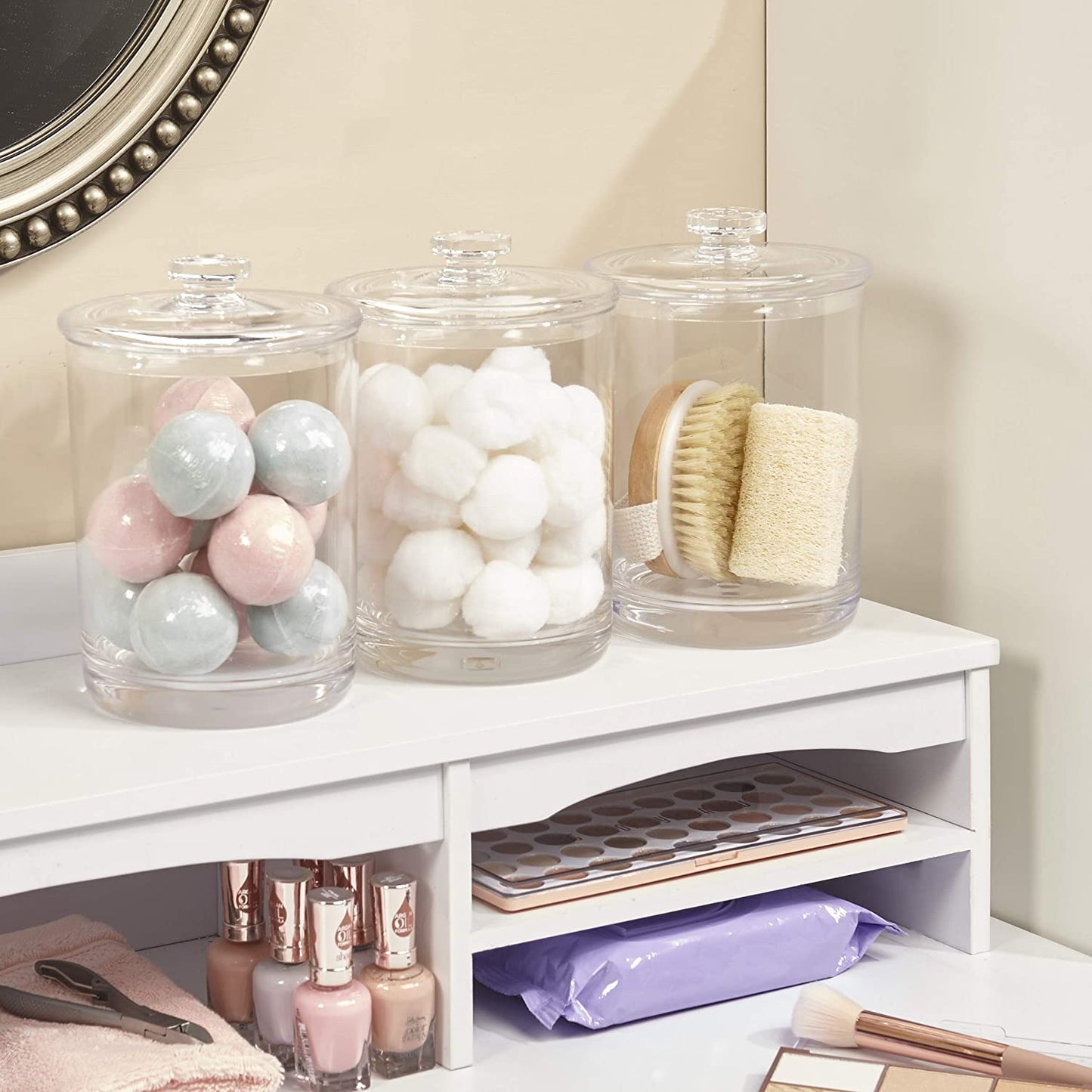 Premium Quality Makeup and Cotton Ball Holder | 60-Oz Clear Plastic Apothecary Jar with Lid | Perfect Storage Container to Organize Bathroom and Vanity