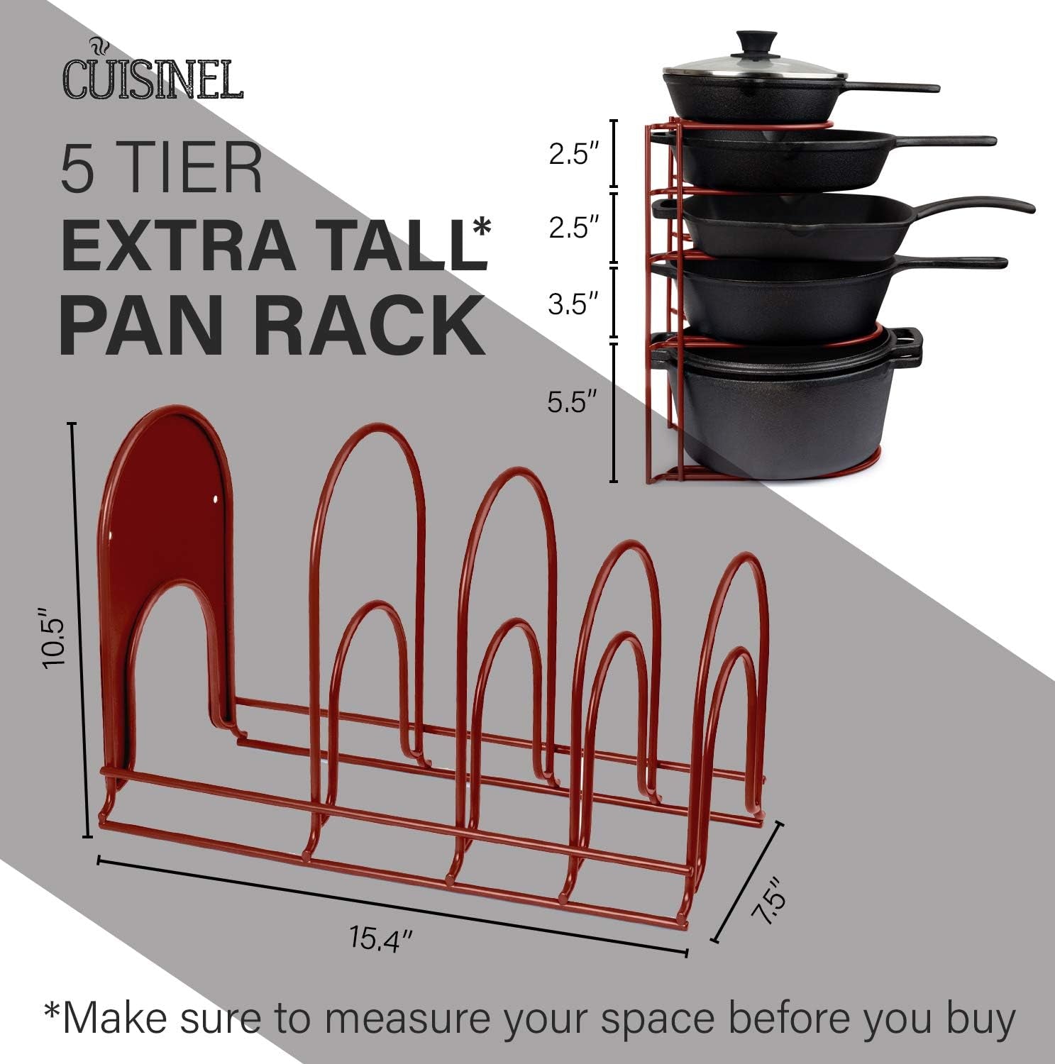 Heavy Duty Pots and Pans Organizer - Extra Large 5 Tier Pan Rack for Cast Iron Skillets, Griddles - Durable Construction - Space Saving Kitchen Storage - No Assembly Required - Red 15.4"-Inch