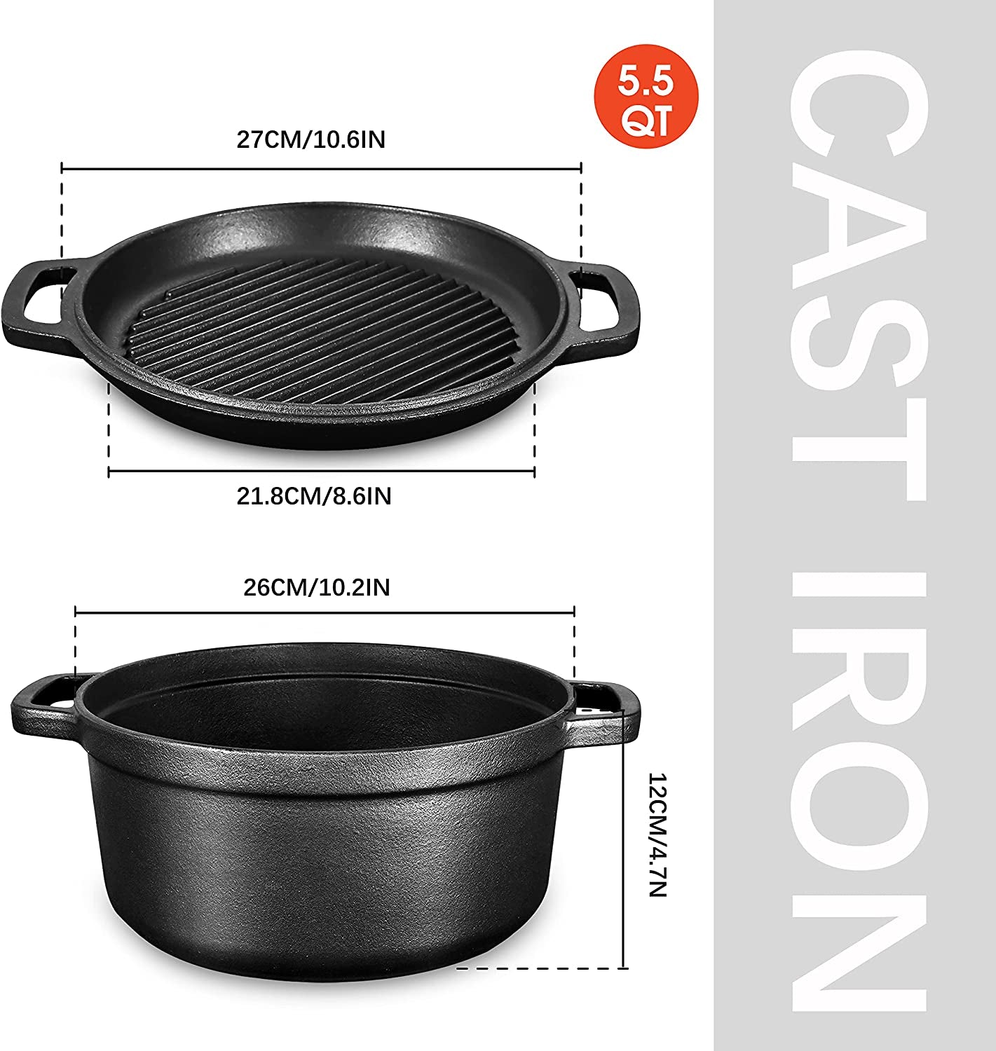 Pre-Seasoned Cast Iron 2-In-1 Heavy-Duty 5.5Qt Dutch Oven with Skillet Lid Set, Oven,Grill, Stove Top, BBQ and Induction Safe