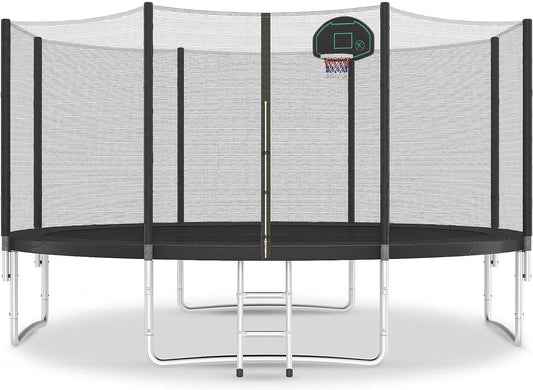 Trampoline 12FT 14FT 15FT 16FT Trampoline for Kids and Adults with Basketball Hoop, Enclosure Net & Wind Stakes, 1500LBS ASTM Compliant Outdoor Recreational Trampolines