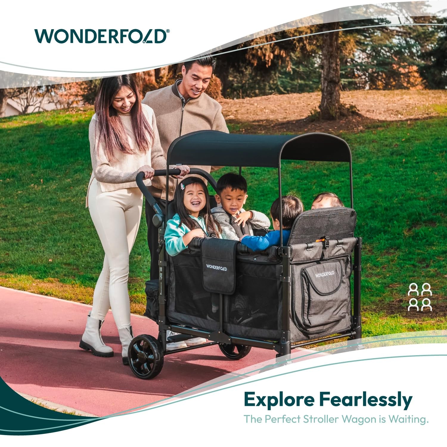 W4 Elite Quad Stroller Wagon Featuring 4 Seats with 5-Point Harnesses, Adjustable Push Handle, and Removable Uv-Protection Canopy, Charcoal Gray