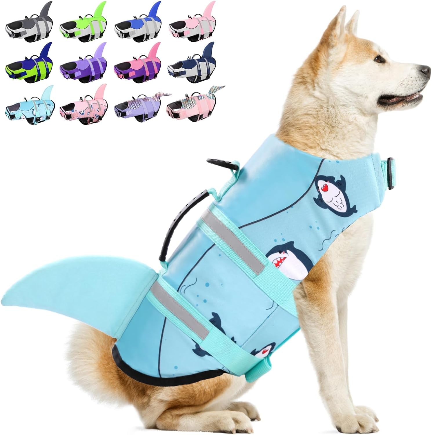 Dog Life Jacket, Large Dog Life Vest for Swimming Boating, Shark Life Jackets for Small Medium Large Dogs, Reflective Dog Lifesaver Life Preserver Swimsuit with Rescue Handle and High Buoyancy