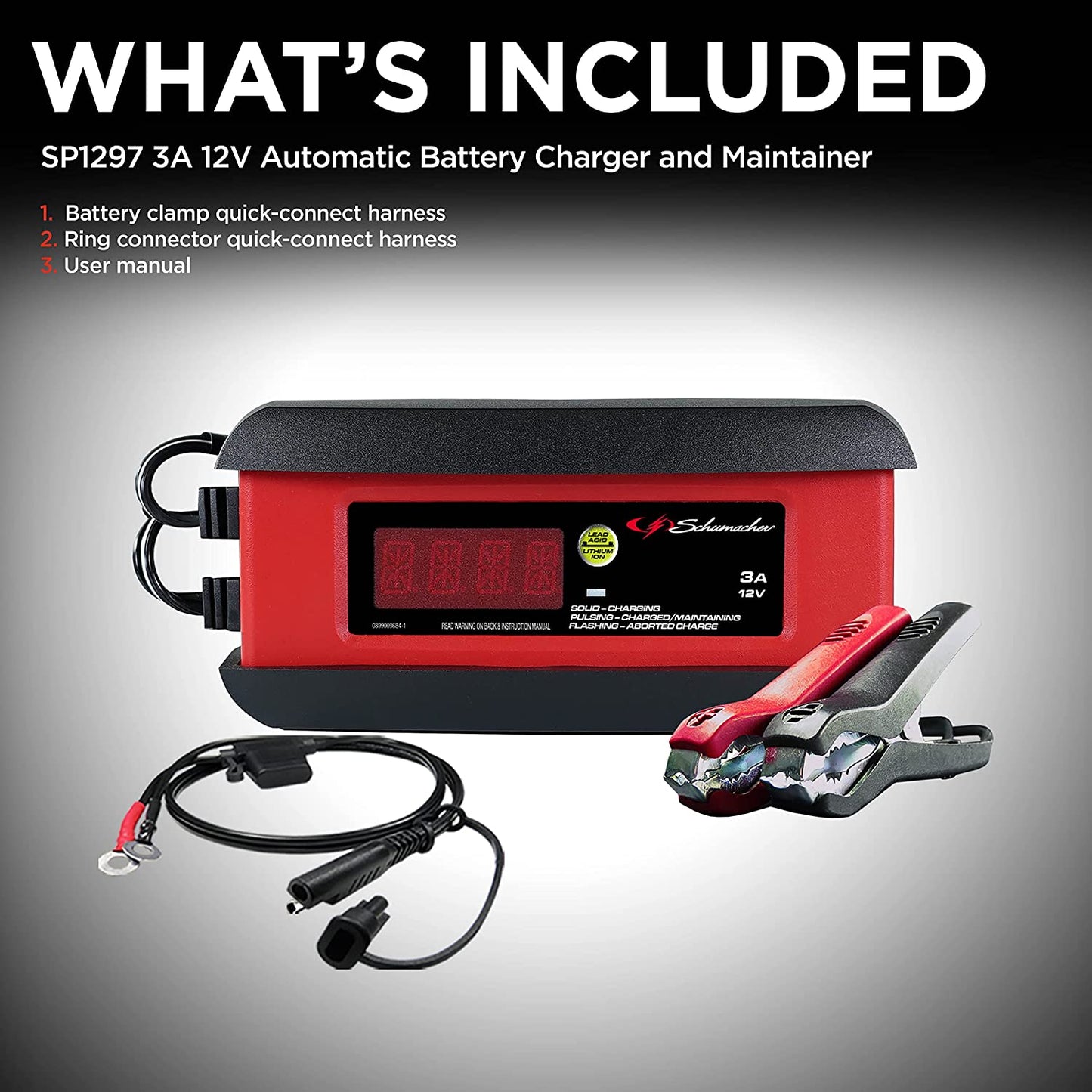 Schumacher SP1297 Fully Automatic Battery Charger, Maintainer, and Auto Desulfator - 3 Amp, 12V - for Cars, Motorcycles, Lawn Tractors, Power Sports, Marine Batteries