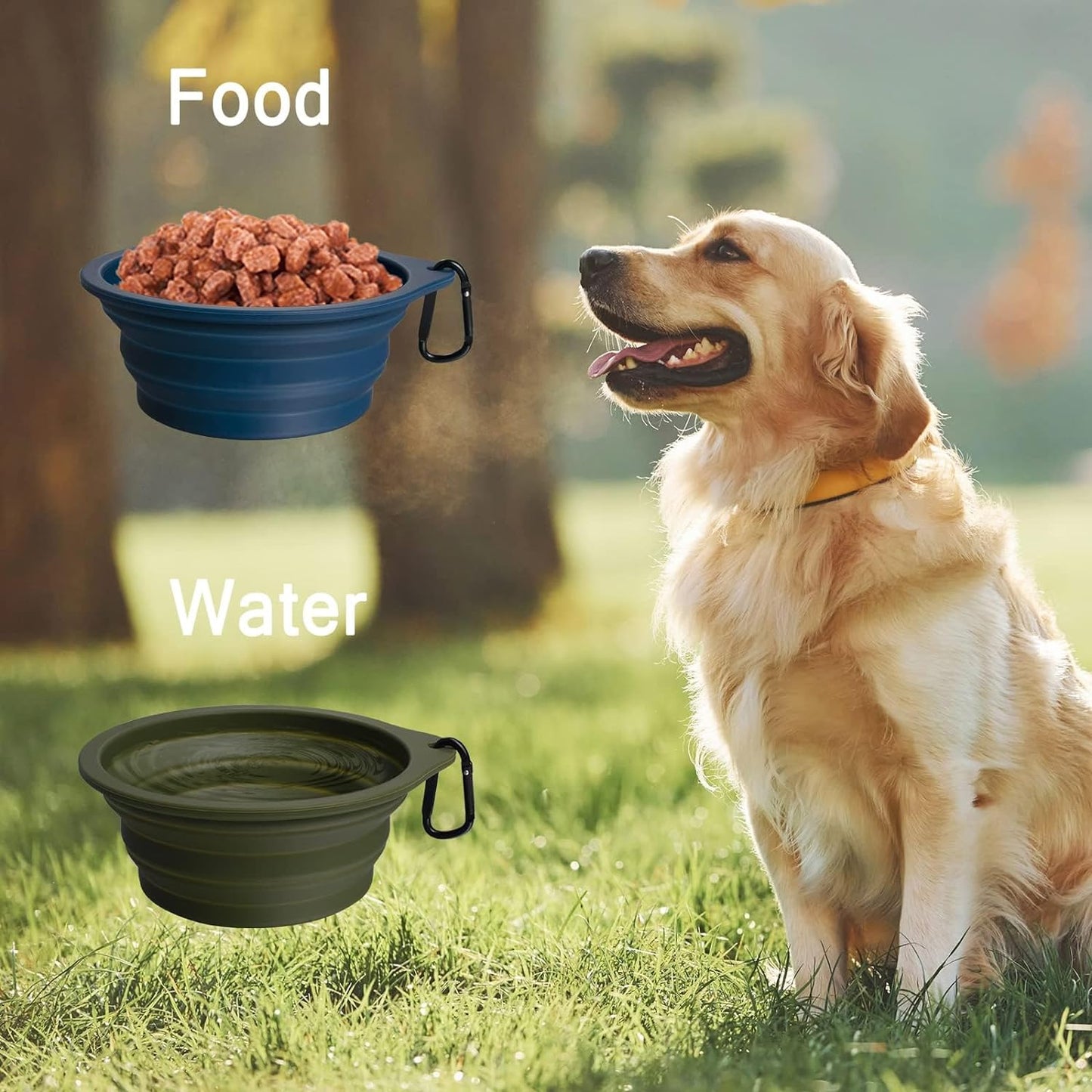 2-Pack Large Silicone Collapsible Dog Bowls, 34Oz/1000Ml BPA Free Portable Foldable Travel Bowl for Pet Cat, Food Water Feeding Dish for Camping with 2 Carabiners (Army Green, Navy Blue)