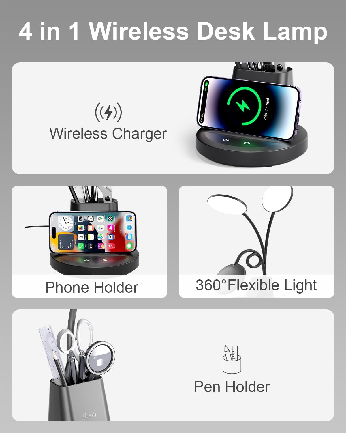Desk Lamp with Wireless Charger for Home Office, Eye-Caring Reading Lamp 3 Color Modes Stepless Dimming LED Desk Lamp, Touch Table Lamp with Phone & Pen Holder, CRI90+, AC Adapter Included