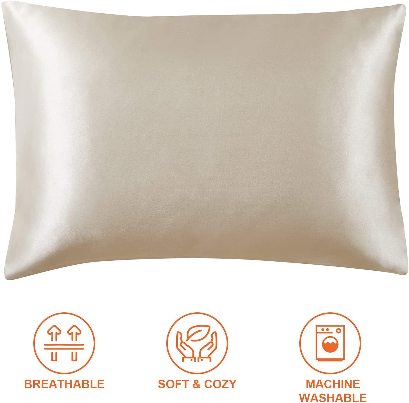 Satin Pillowcase Queen Set of 2, Silk Pillowcases for Hair and Skin, Beige Pillow Cases 2 Pack, Soft Pillow Cover with Envelope Closure, 20X30 Inches