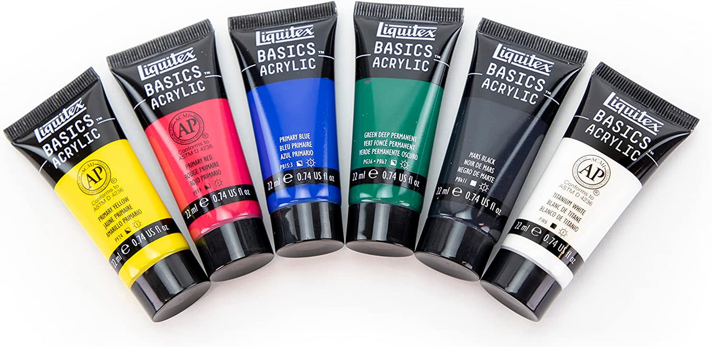 BASICS Acrylic Paint Set, 6 X 22Ml Tube Paint Set, Primary, Blue,Color Mixing,Green,White, 0.7 Fl Oz (Pack of 6)