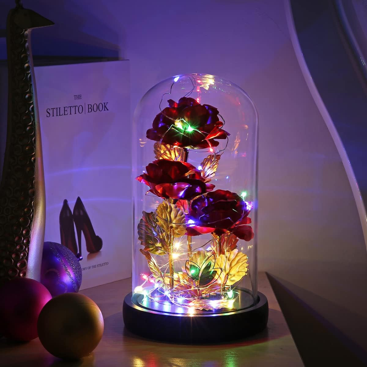 Valentines Day Gifts Beauty and the Beast Rose 24K Red Rose in Glass Dome, Light up Rose, Forever Artificial Flowers, Enchanted Red Rose Gift for Her on Valentines Day Wedding