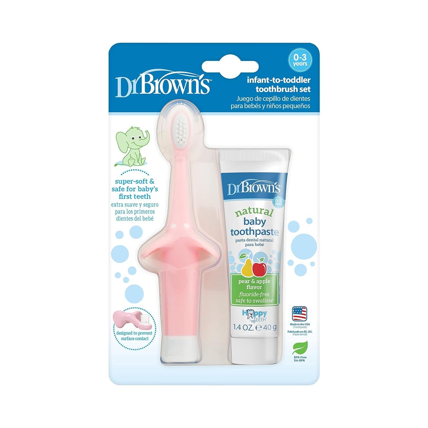 Infant-To-Toddler Training Toothbrush Set, Pink Elephant with Fluoride-Free Apple Pear Baby Toothpaste, 0-3 Years (Colors May Vary)