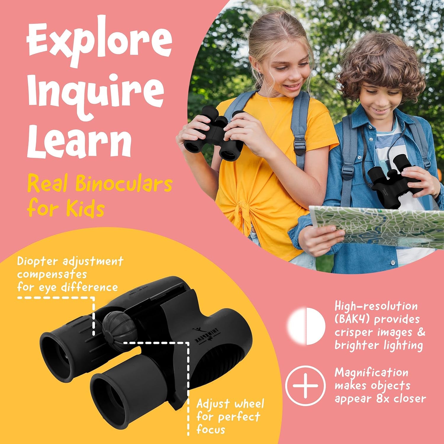 THINKPEAK 8X21 Binoculars for Kids 8-12, Birthday and Back to School Gifts, Binoculars for Boys and Girls 3-12, Black