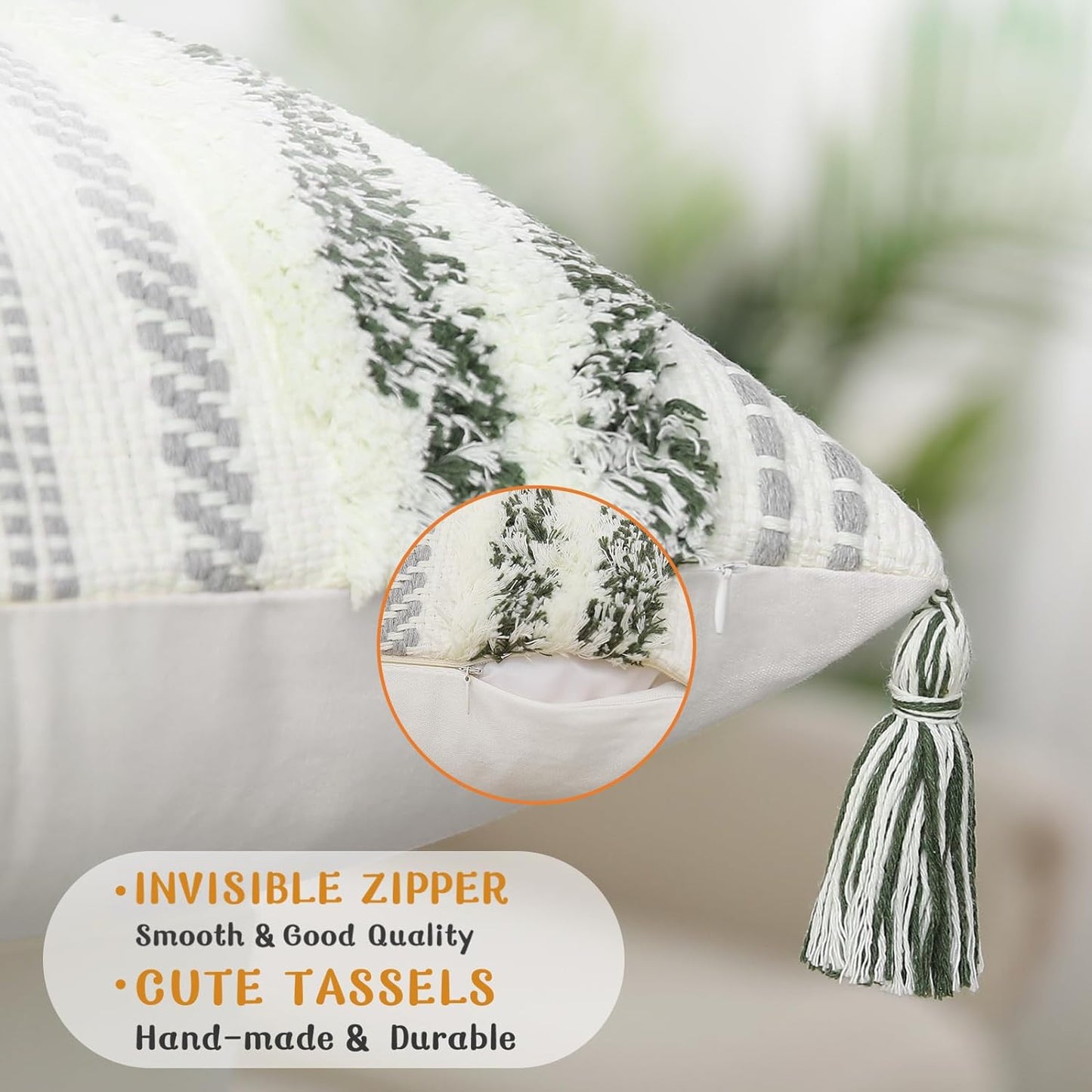 Decorative Boho Throw Pillow Covers 12X20, Lumbar Accent Neutral Tufted Pillow Covers for Couch Bed Sofa, Textured Striped Pillow Covers, Green and Cream White, Pack of 1