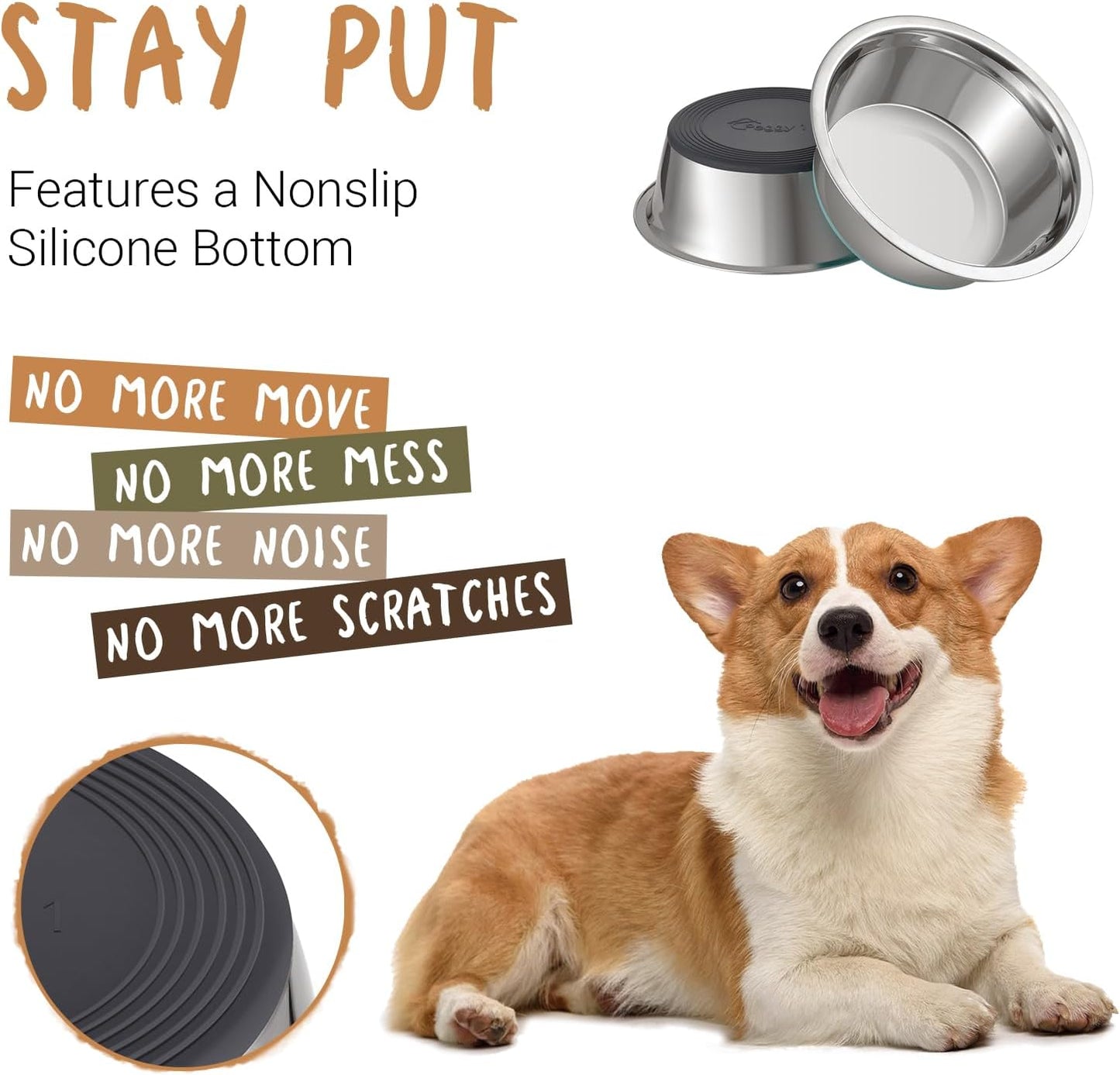 Deep Stainless Steel Anti-Slip Dog Bowls, 2 Pack, 3 Cups