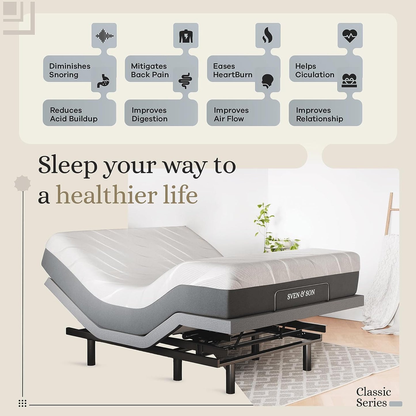 Classic Adjustable Bed Base Frame + 12 Inch Memory Foam Matt Medium, Head and Foot Lift, Massage, Under-Bed Lights, USB, Memory Positions, Zero Gravity, Wireless Remote - Queen