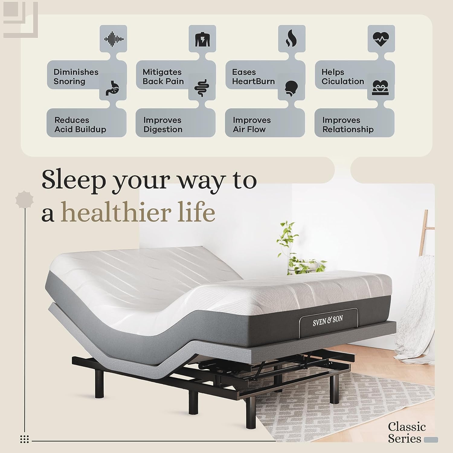 Classic Adjustable Bed Base Frame + 12 Inch Memory Foam Matt Medium, Head and Foot Lift, Massage, Under-Bed Lights, USB, Memory Positions, Zero Gravity, Wireless Remote - Queen