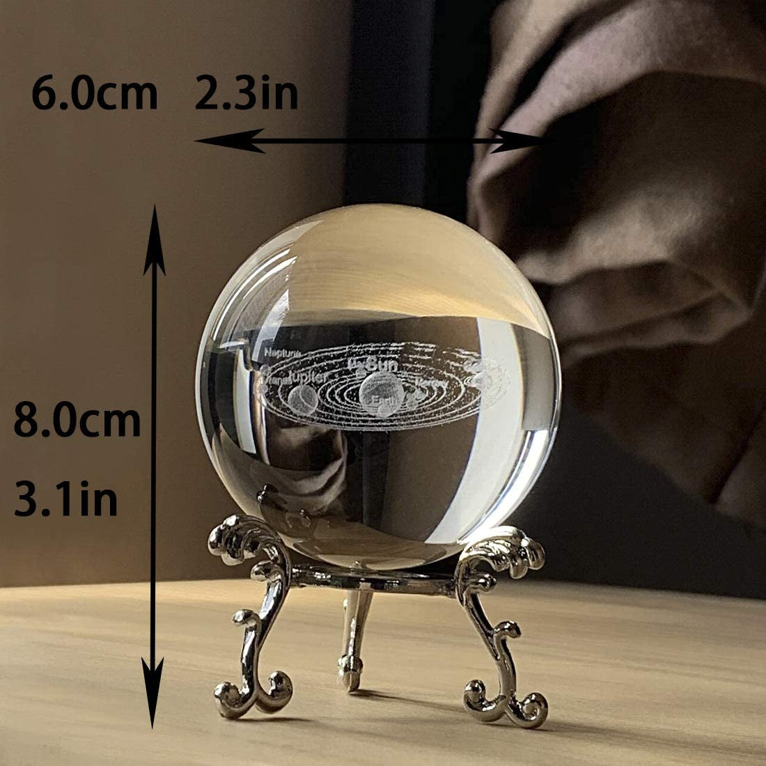 Crystal 2.4 Inch (60Mm) Solar System Crystal Ball with Sliver-Plated Flowering Stand,Fengshui Glass Ball Home Decoration