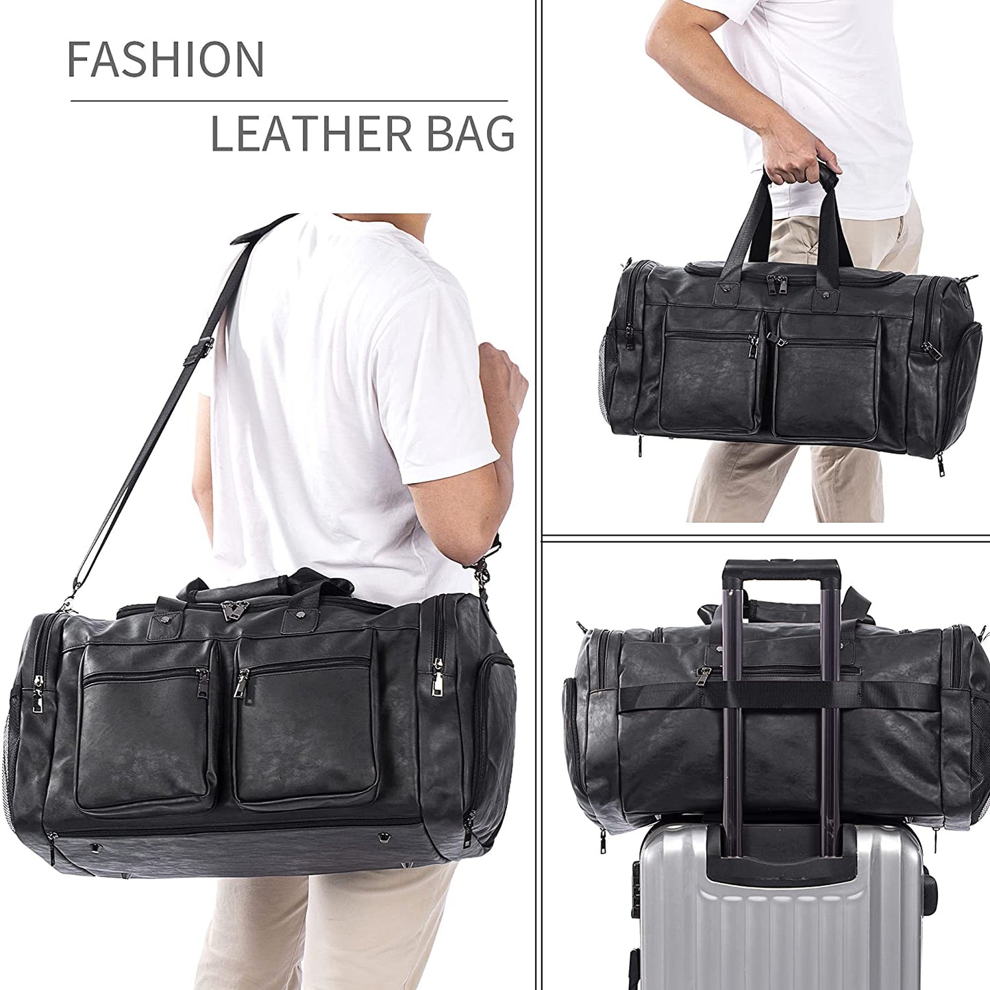 Travel Bag with Shoe Pouch,Weekender Overnight Bag Waterproof Leather Large Carry on Bag Travel Tote Duffel Bag