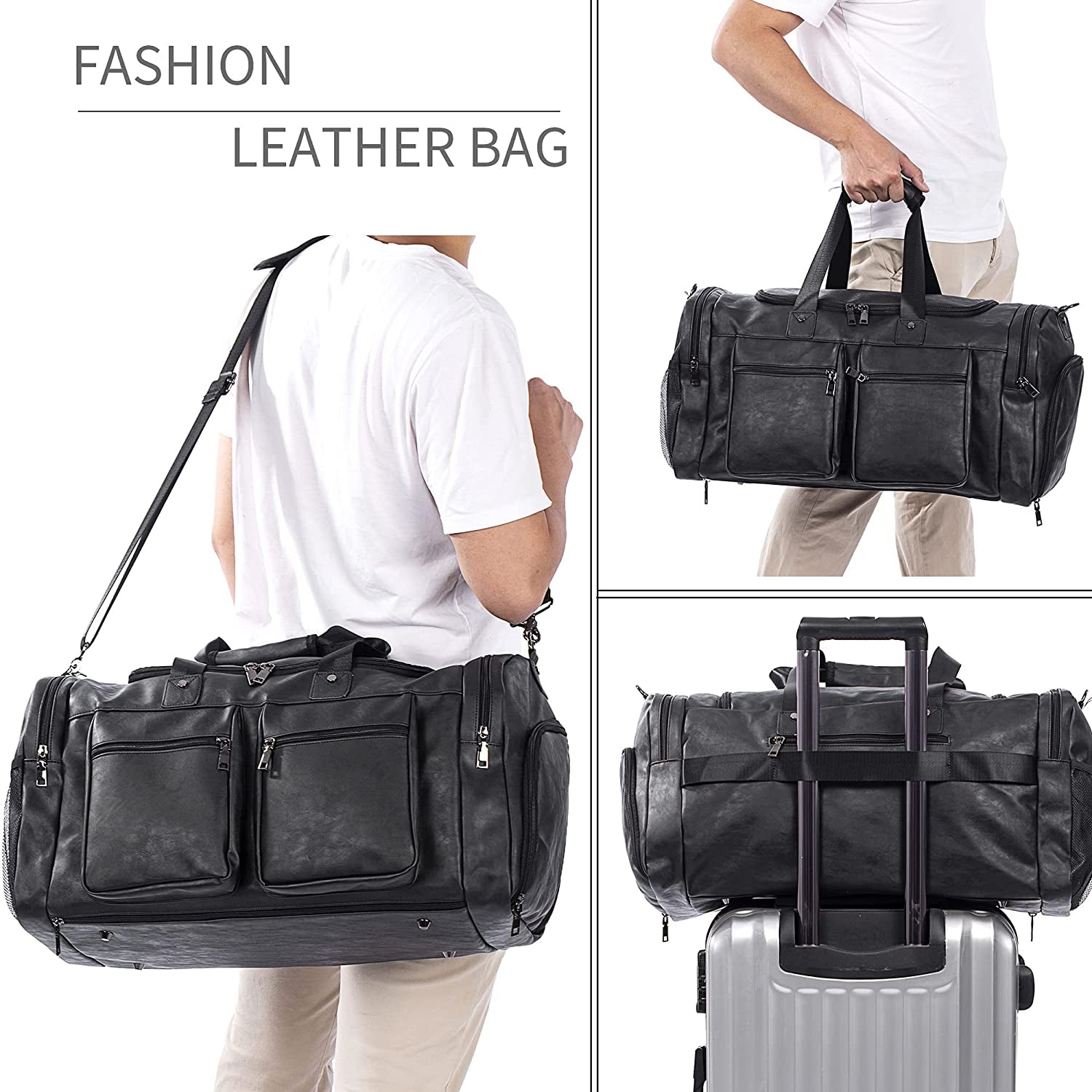 Travel Bag with Shoe Pouch,Weekender Overnight Bag Waterproof Leather Large Carry on Bag Travel Tote Duffel Bag