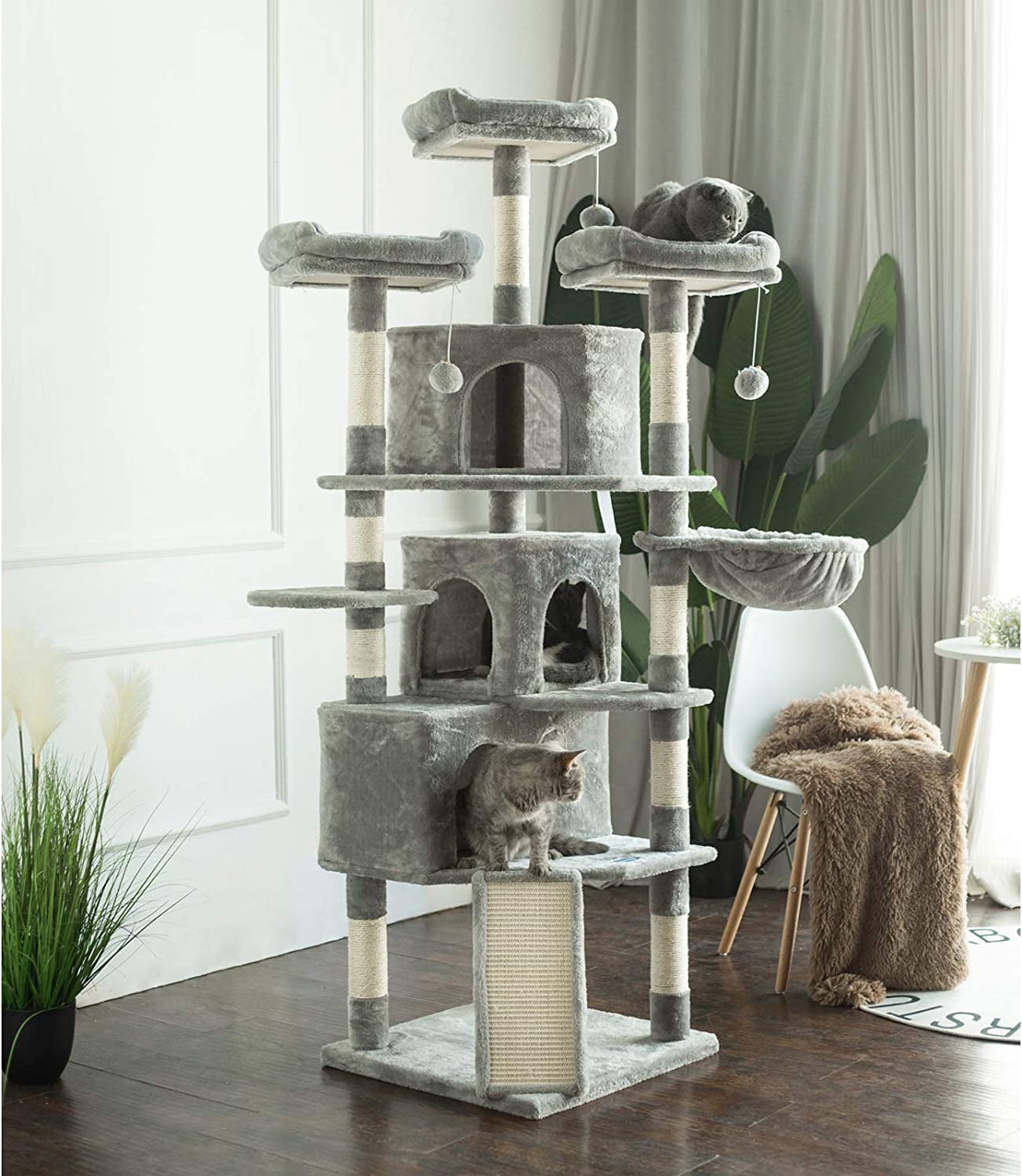 XL Cat Tree, 73.4 Inch Cat Tower with 3 Caves, 3 Cozy Perches, Scratching Posts, Board, Activity Center Stable for Kitten/Big Cat, Light Gray MPJ032W