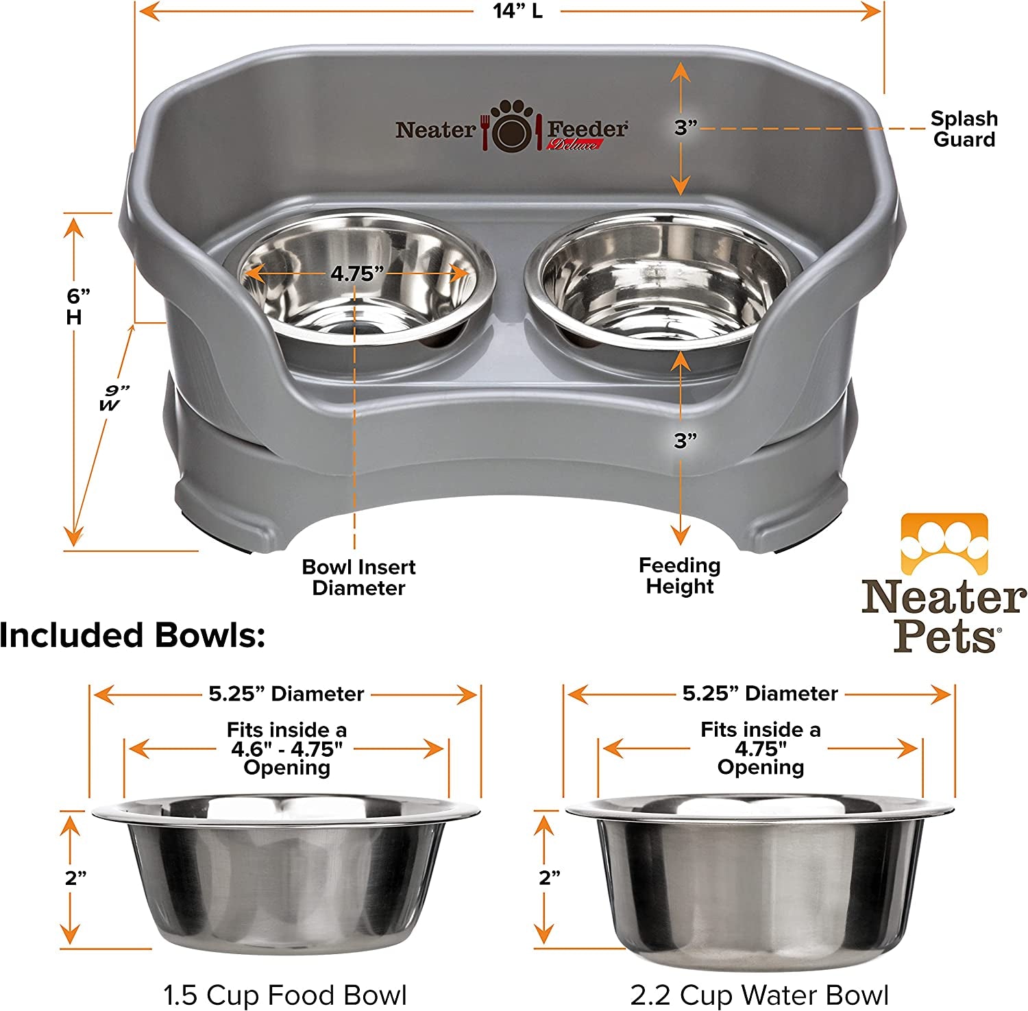 - Feeder - Deluxe Model - Mess-Proof Dog Bowls (Small, Gunmetal Grey)