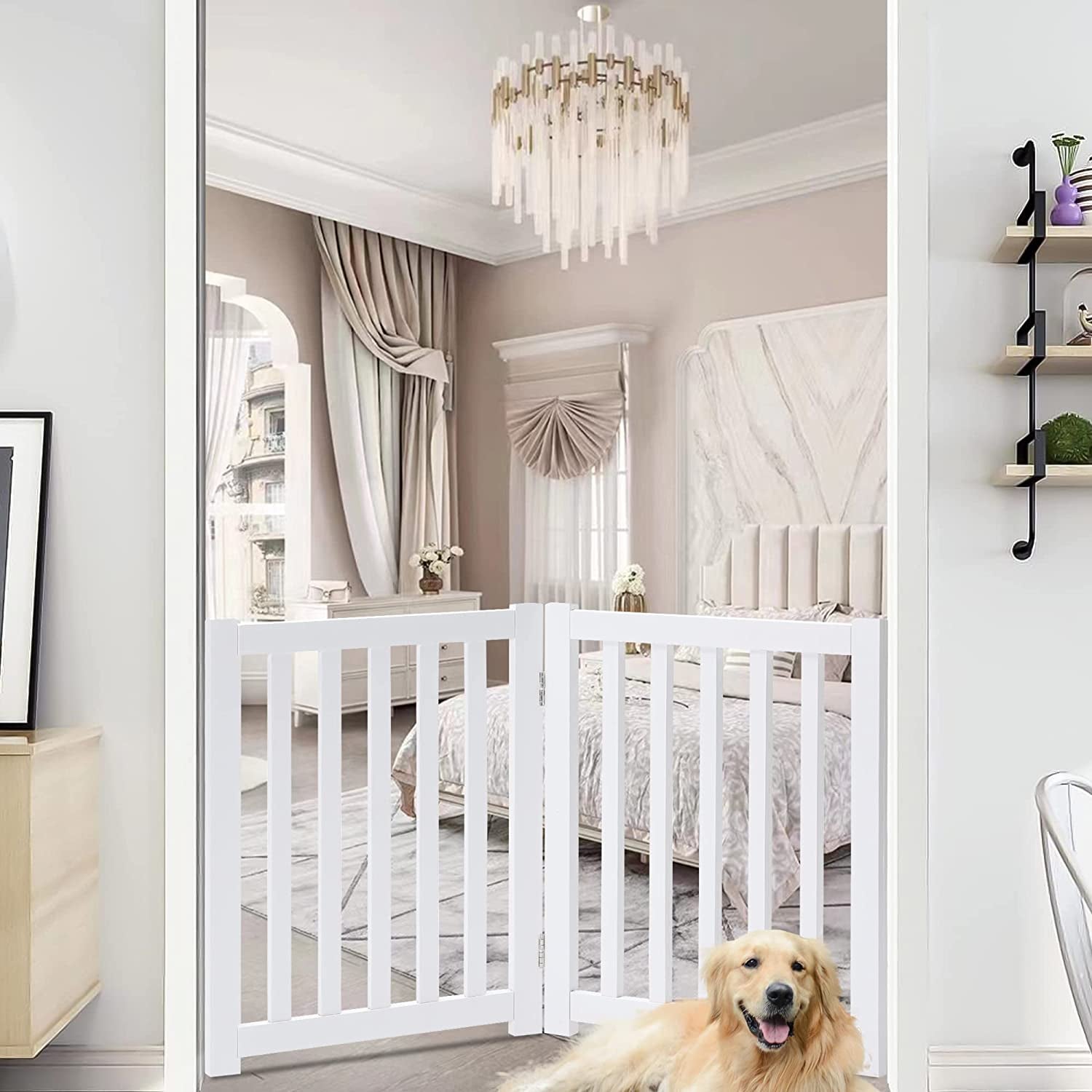 Solid Hardwood Freestanding Pet Gate,Wooden Dog Gates for Doorways,Nature Wood Dog Gates for the House,Dog Gate for Stairs,Freestanding Indoor Gate Safety Fence,White,24" Height-2 Panels