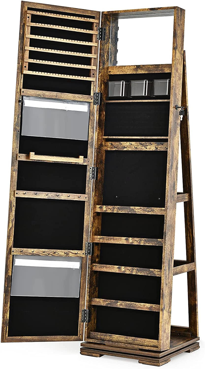 360° Swivel Jewelry Armoire with Higher Full Length Mirror, Standing Lockable Jewelry Cabinet Organizer, Large Storage Capacity, inside Makeup Mirror, Rear Storage Shelves (Rustic Brown)