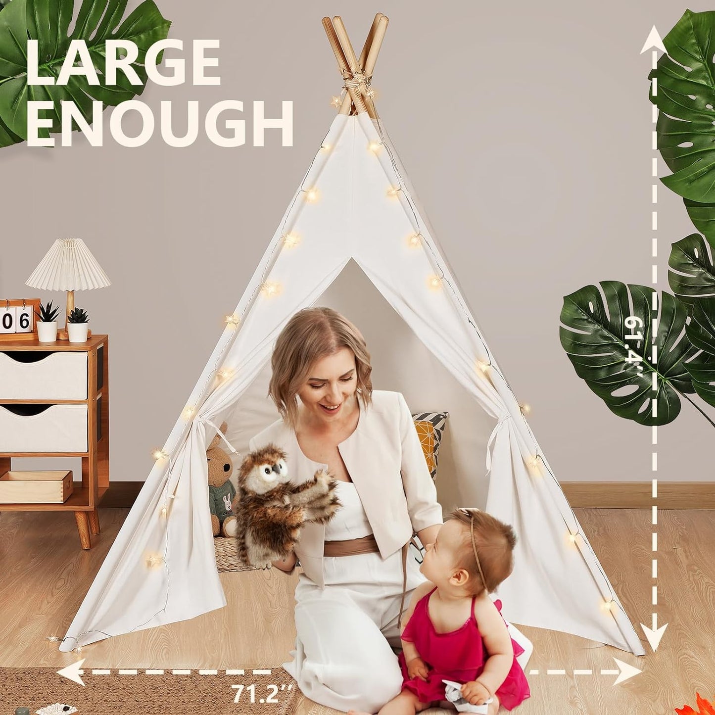 Teepee Tent for Kids with Carry Case, Natural Canvas Teepee Play Tent, Toys for Girls/Boys Indoor & Outdoor Playing (White Teepee Tent)