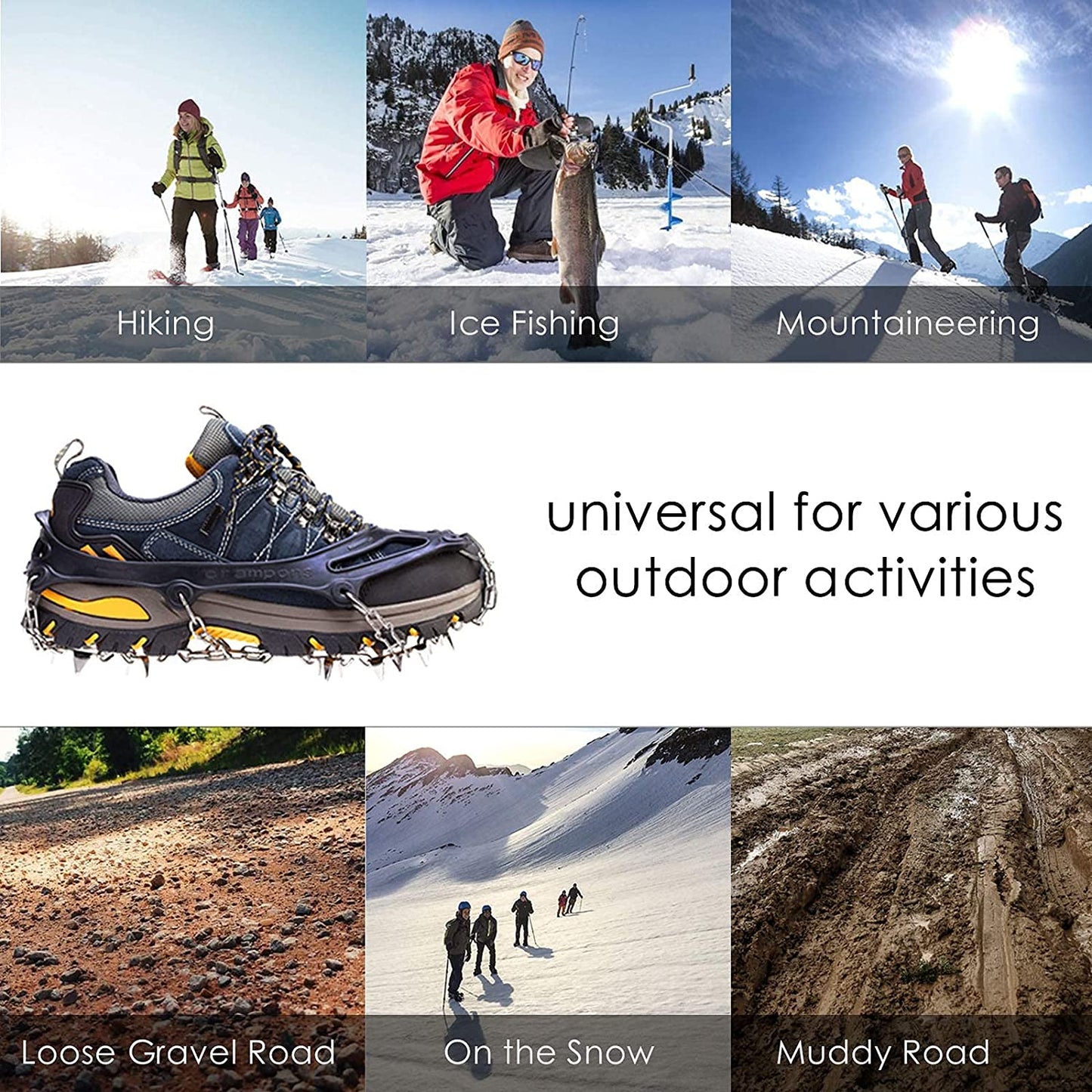Crampons Ice Cleats Traction Snow Grips for Boots Shoes Women Men Kids anti Slip 19 Stainless Steel Spikes Safe Protect for Hiking Fishing Walking Climbing Mountaineering